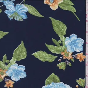 1 1/2 YD PC-Navy Floral Sprig Double Brushed Jersey Knit Fabric