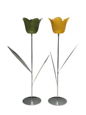 2  Contemporary Tea Light Holders Metal/Glass Flowers