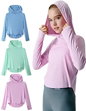 3 Pack Youth Girls Hoodies Long Sleeve Shirt Lightweight Dry Fit Athletic Pullover Tops with Thumbholes (Set 1, Large)