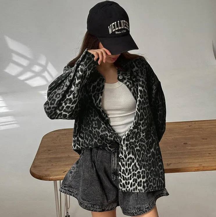 Autumn Coarse Drill Cotton Collared Long Sleeve Street Leopard Print Casual Coat Fashionable Women Clothing