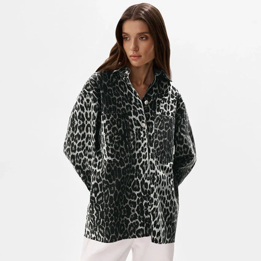 Autumn Coarse Drill Cotton Collared Long Sleeve Street Leopard Print Casual Coat Fashionable Women Clothing