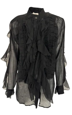 Black Ruffle Cotton Silk Blend Shirt