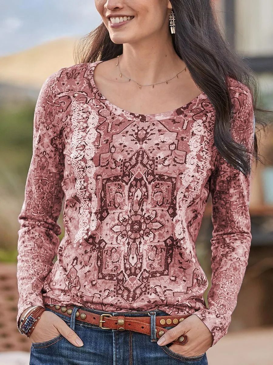 Bohemian Vintage Loose Casual Long Sleeve V-Neck Floral Top