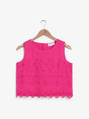 Bombay Paisley Pink Crochet-Detailed Crop-Top