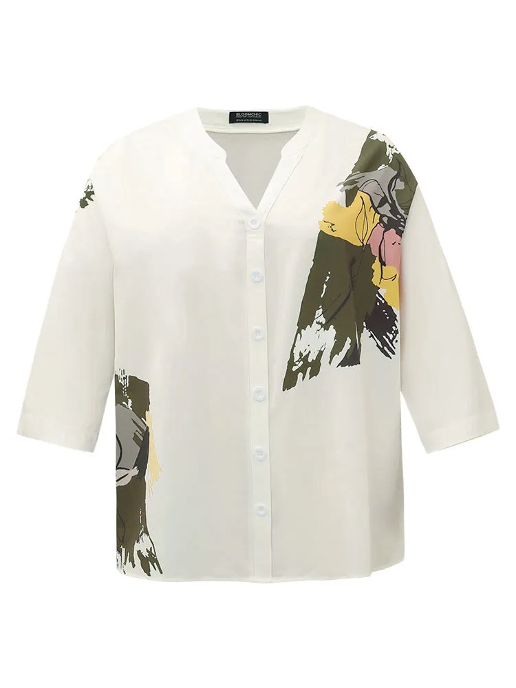 Brush Print Contrast Button Through Woven Top