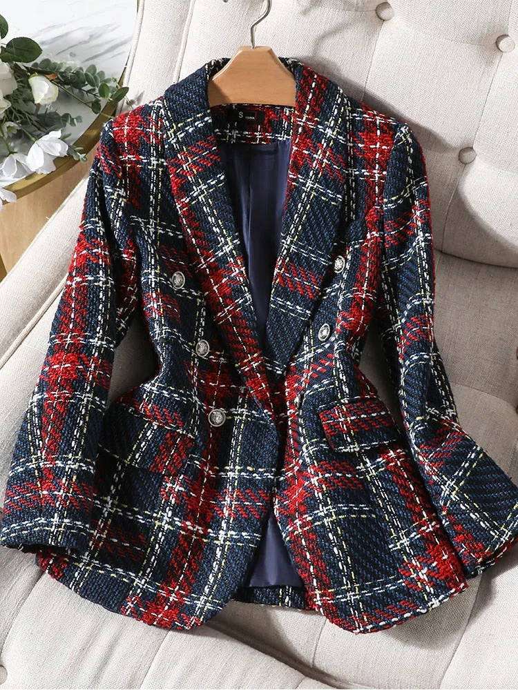 CAROLINE SUITS Women's Elegant Stylish Fashion Office Professional Woven Deep Blue & Red Plaid Blazer Jacket