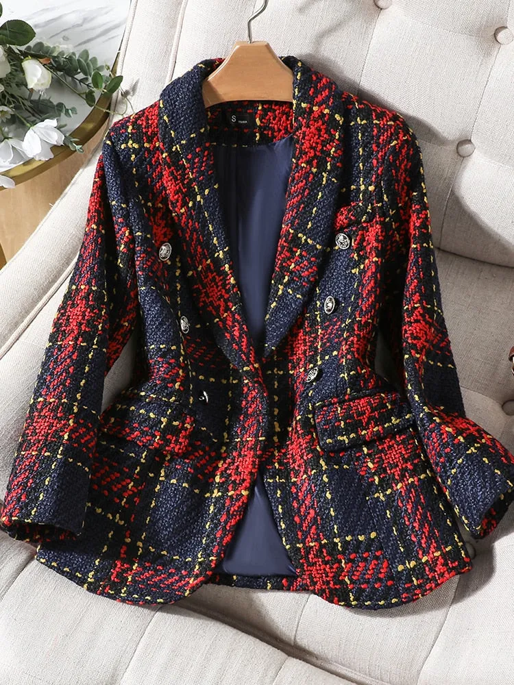 CAROLINE SUITS Women's Elegant Stylish Fashion Office Professional Woven Deep Blue & Red Plaid Blazer Jacket