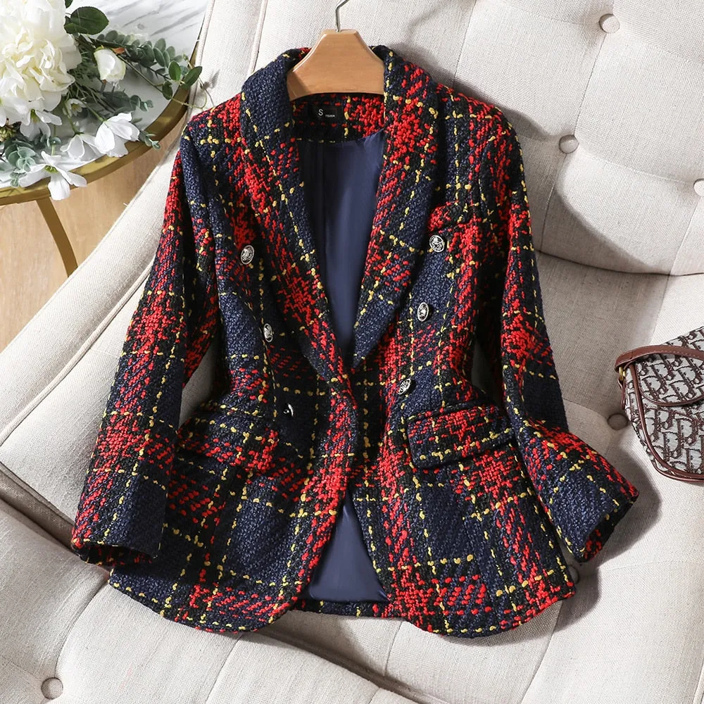 CAROLINE SUITS Women's Elegant Stylish Fashion Office Professional Woven Deep Blue & Red Plaid Blazer Jacket