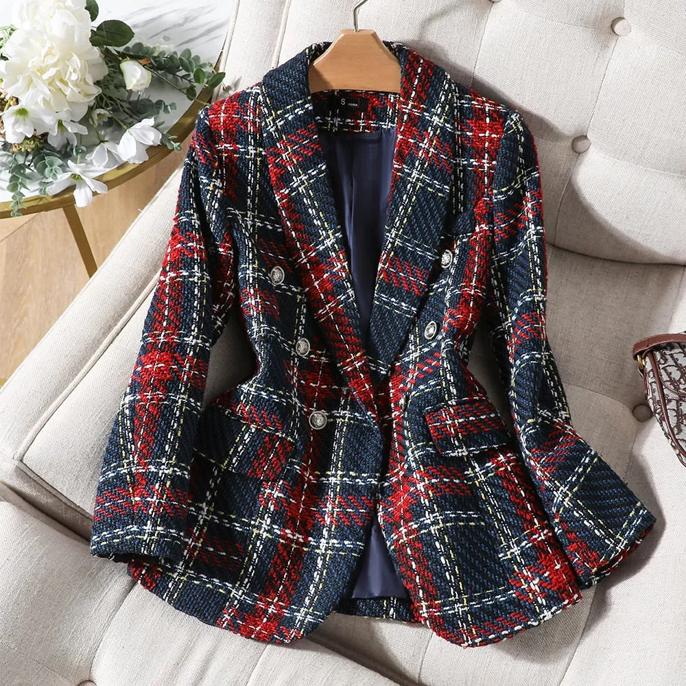 CAROLINE SUITS Women's Elegant Stylish Fashion Office Professional Woven Deep Blue & Red Plaid Blazer Jacket