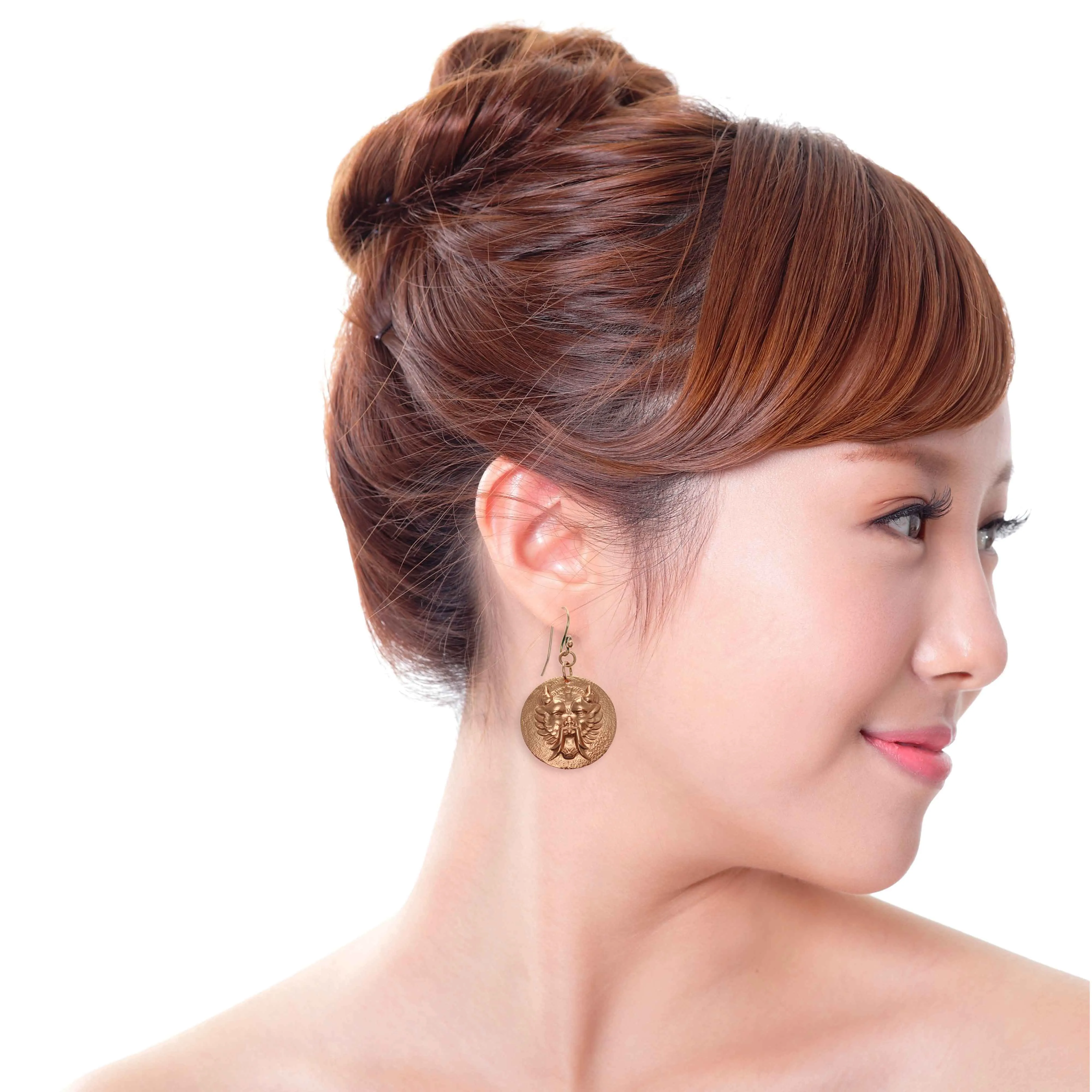 Chinese Foo Dog Copper Disc Earrings