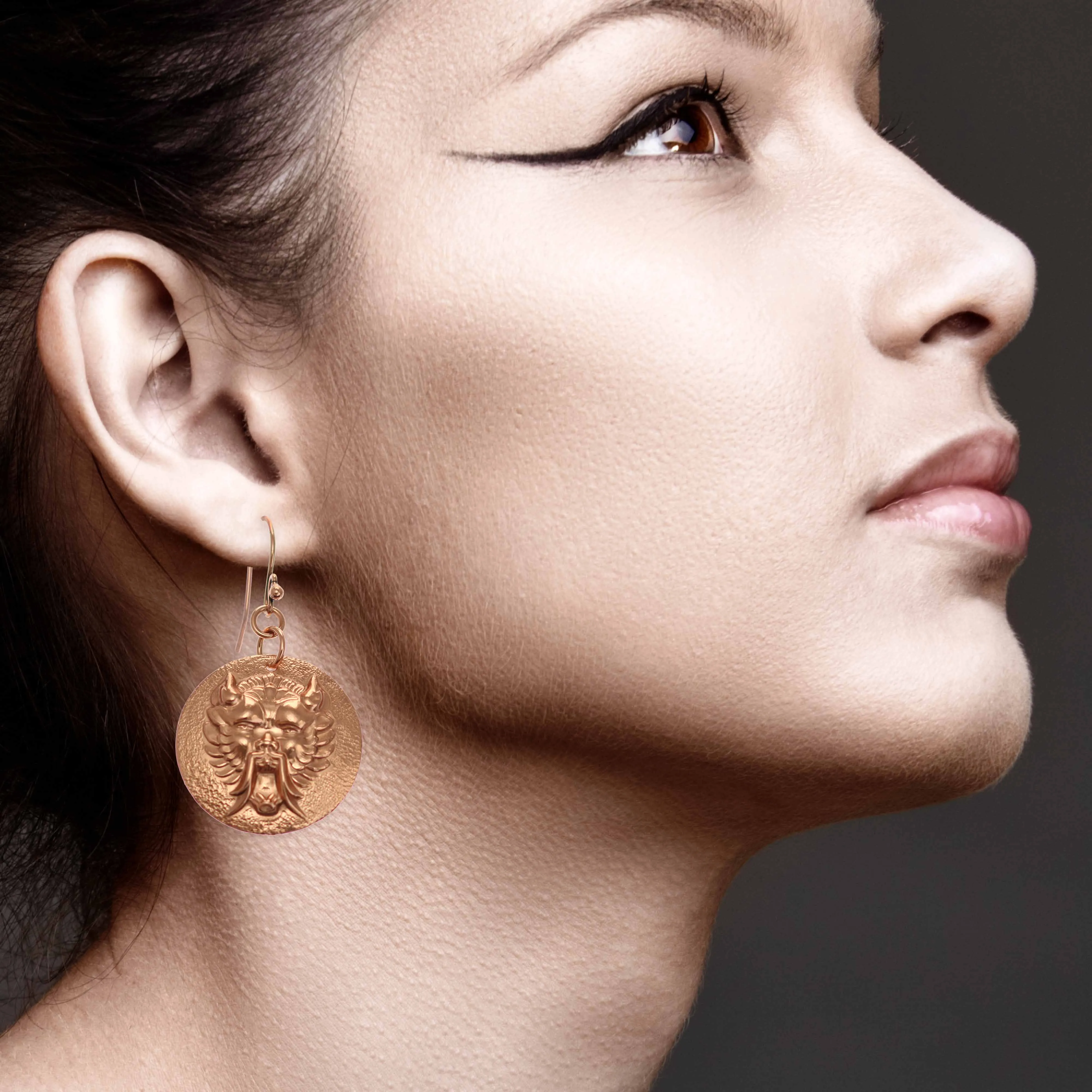 Chinese Foo Dog Copper Disc Earrings