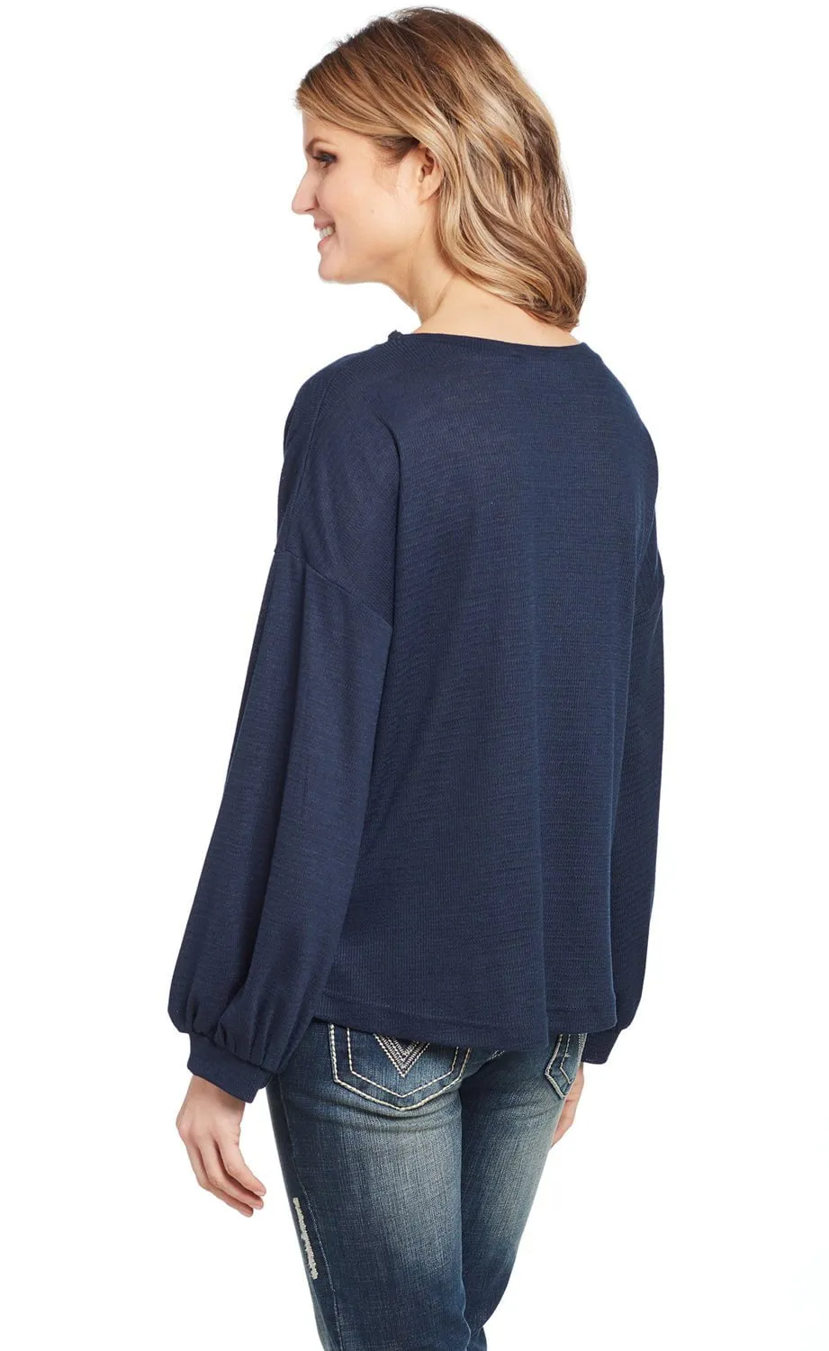 Cowgirl Up Womens Navy Polyester Balloon Sleeves Blouse L/S