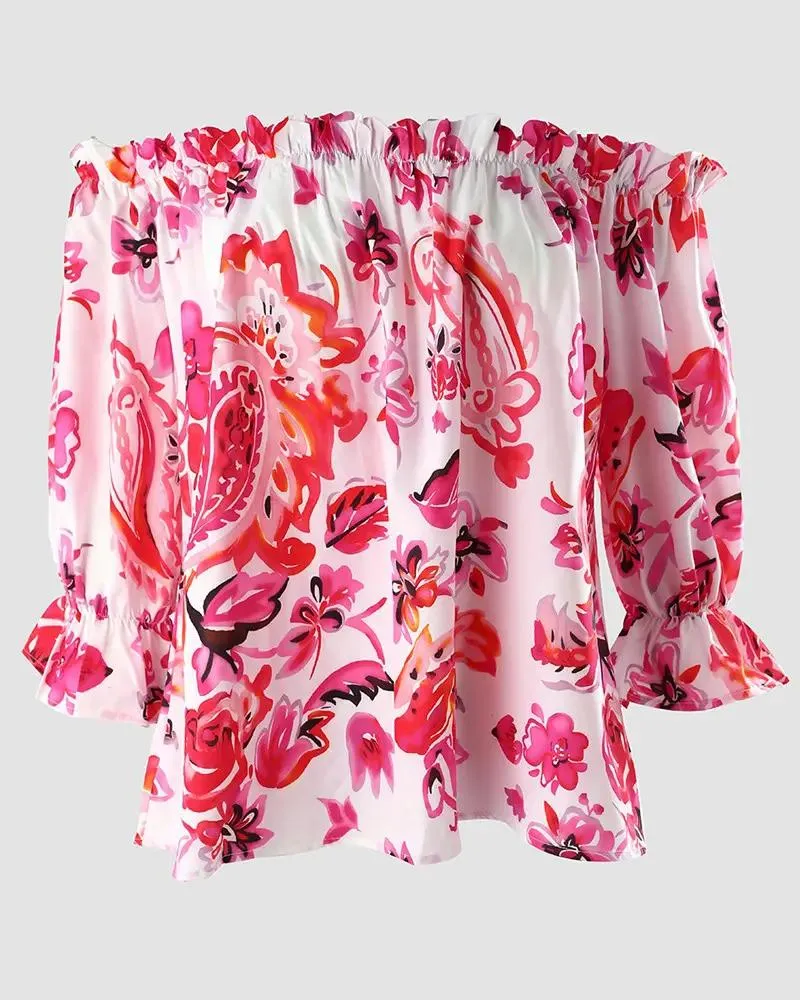 Deanwangkt - Floral Print Ruffle Hem Off Shoulder Top