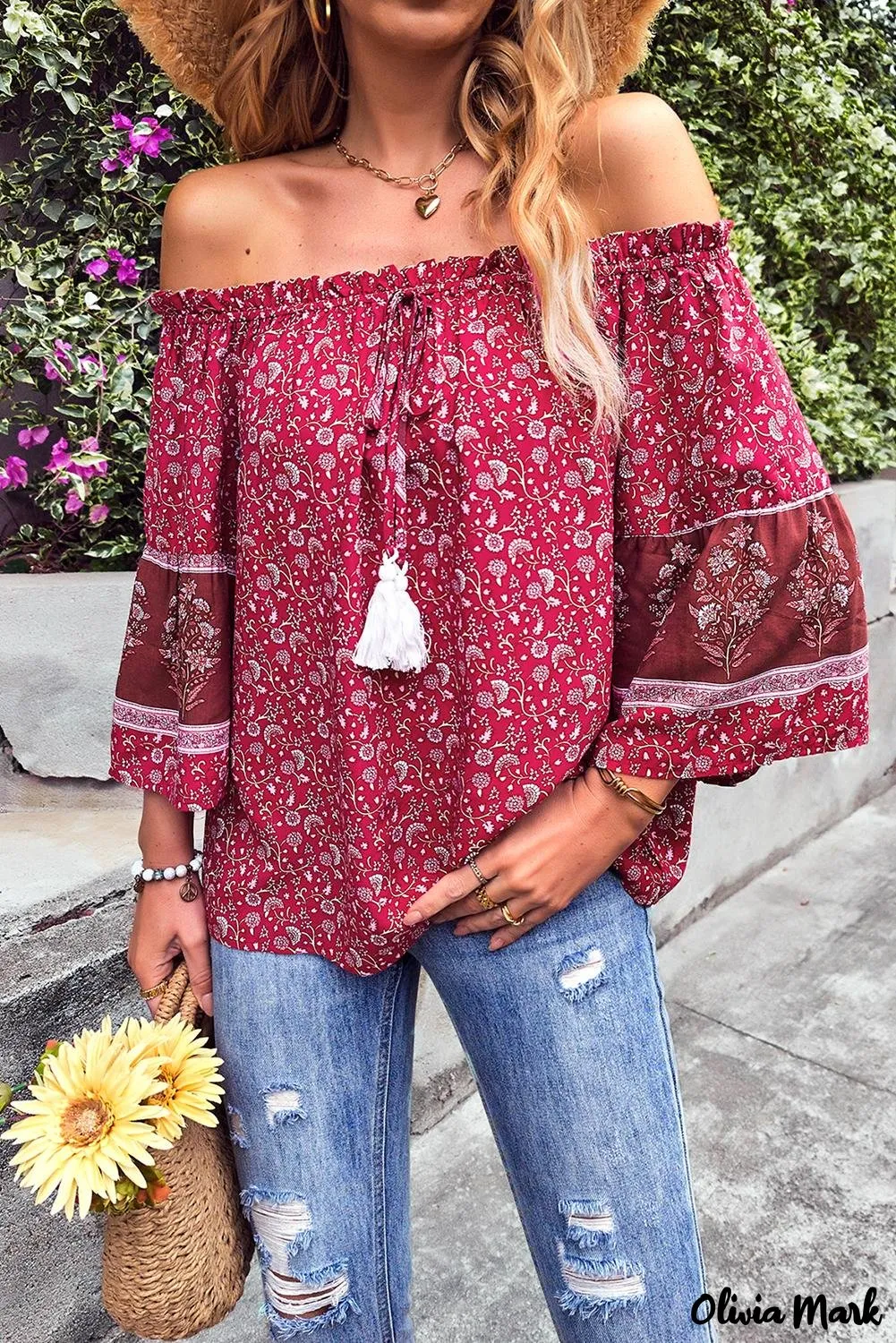 Deanwangkt - Red Boho Off Shoulder Floral Print Blouse