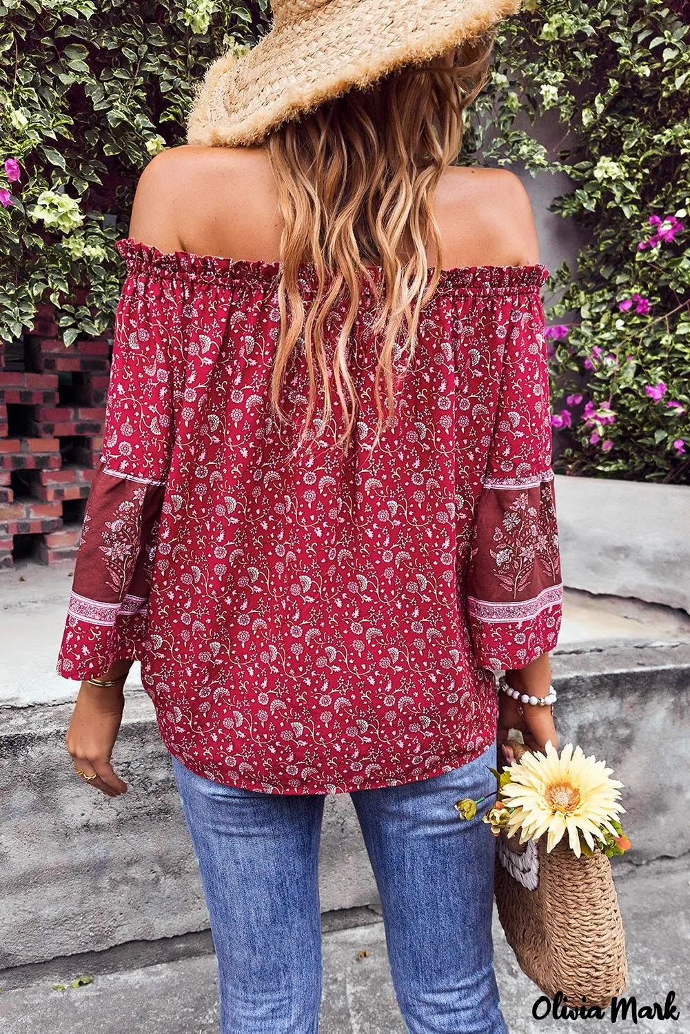 Deanwangkt - Red Boho Off Shoulder Floral Print Blouse