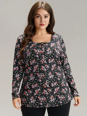 Ditsy Floral Square Neck Button Up T-shirt