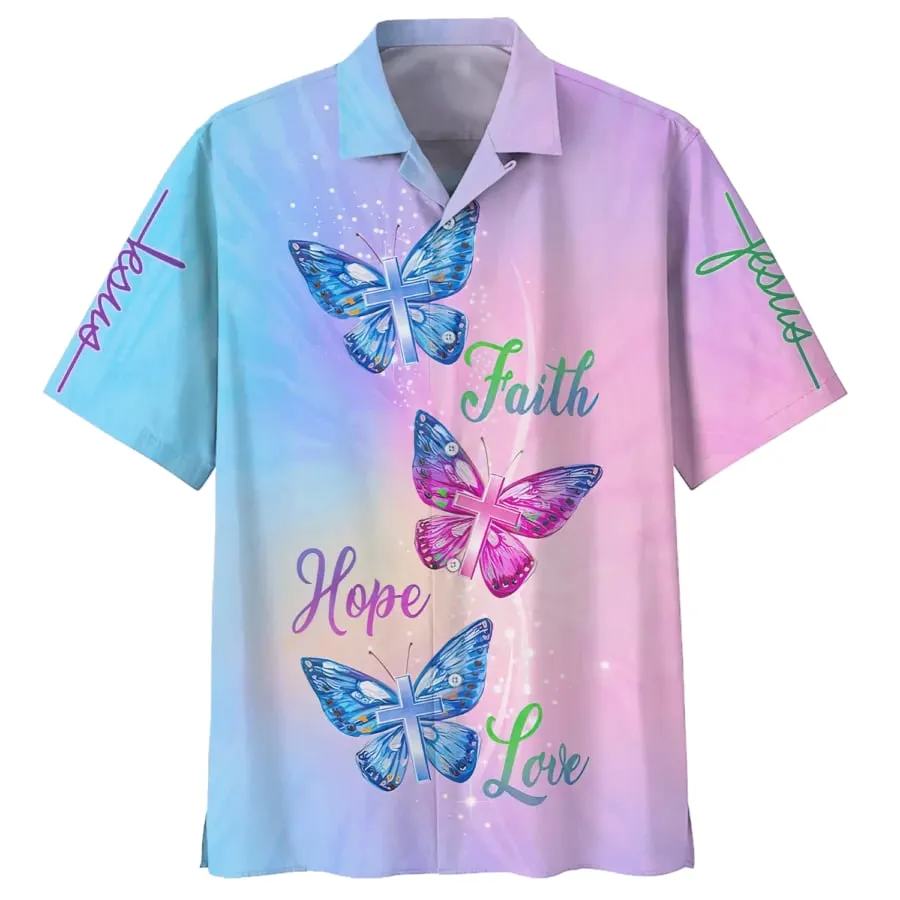 Faith Hope Love Butterfly Hawaiian Shirts - Christian Hawaiian Shirt - Hawaiian Summer Shirts