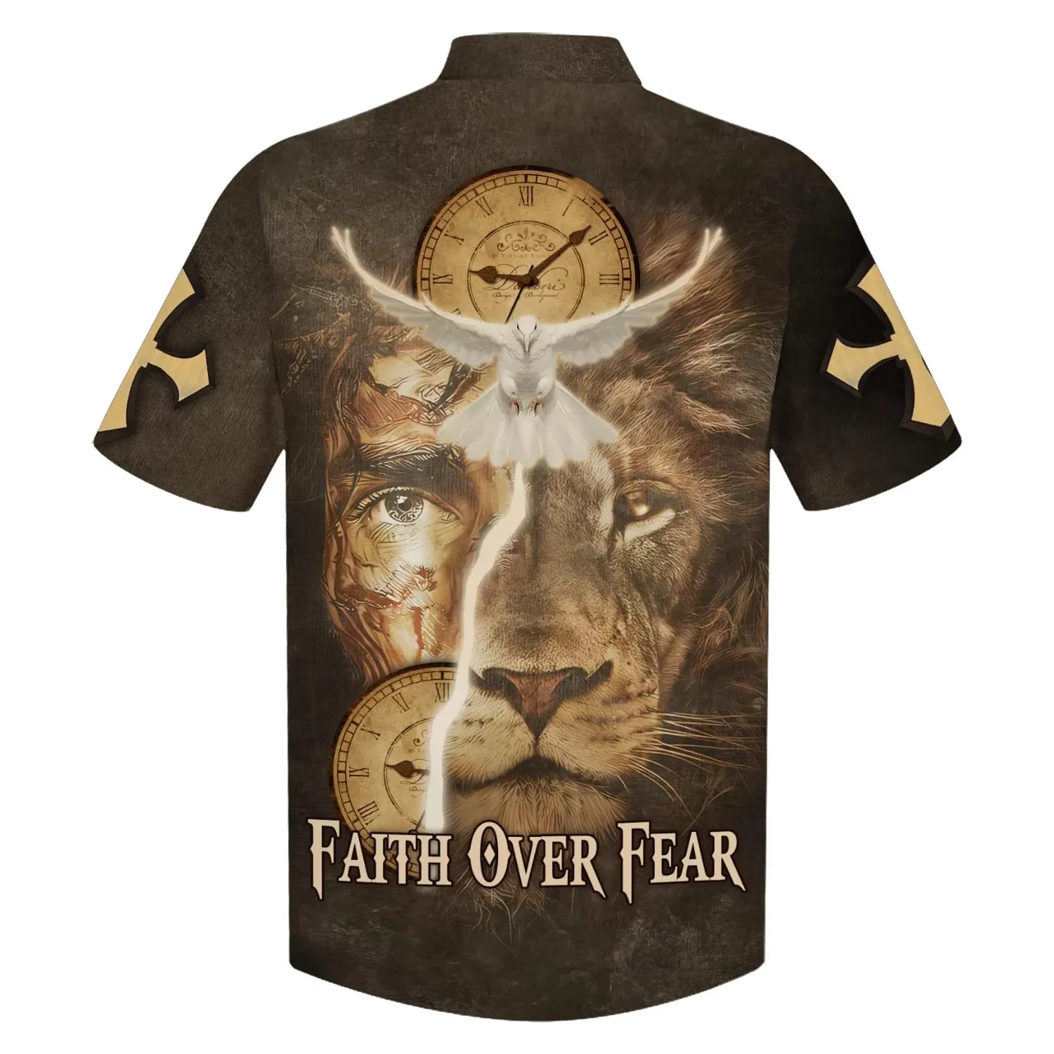 Faith Over Fear Hawaiian Shirt - Jesus Lion And Dove Hawaiian Shirts - Christian Hawaiian Shirt - Hawaiian Shirts For Men