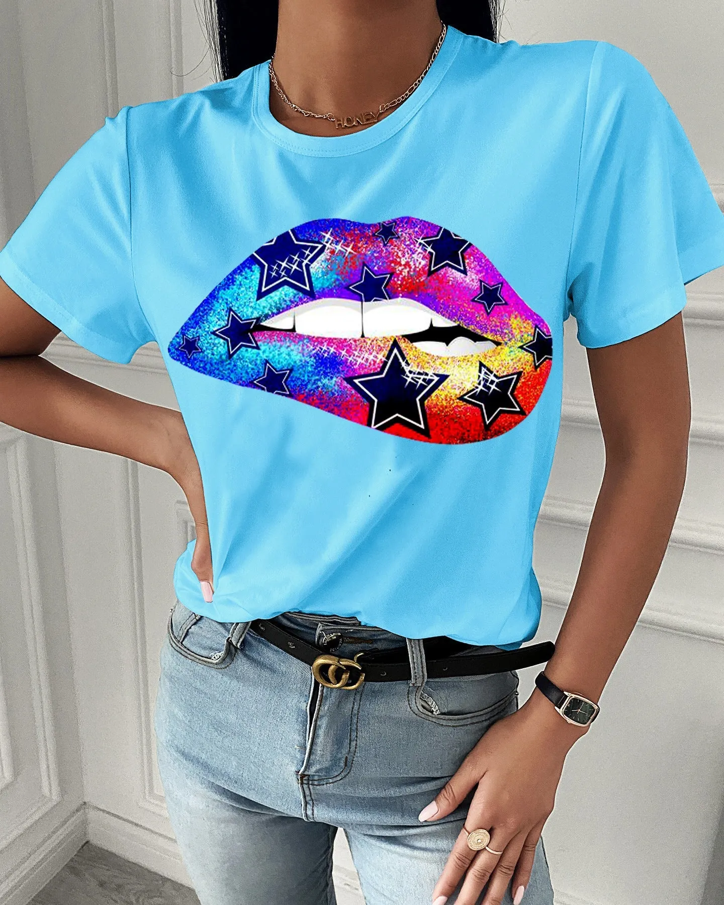 Fashion  spring and summer rainbow printing short-sleeved T-shirt