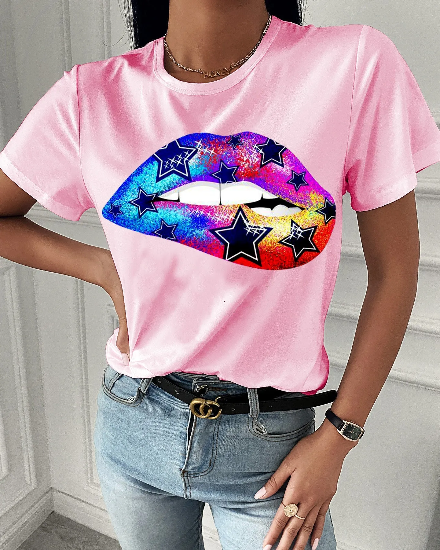 Fashion  spring and summer rainbow printing short-sleeved T-shirt