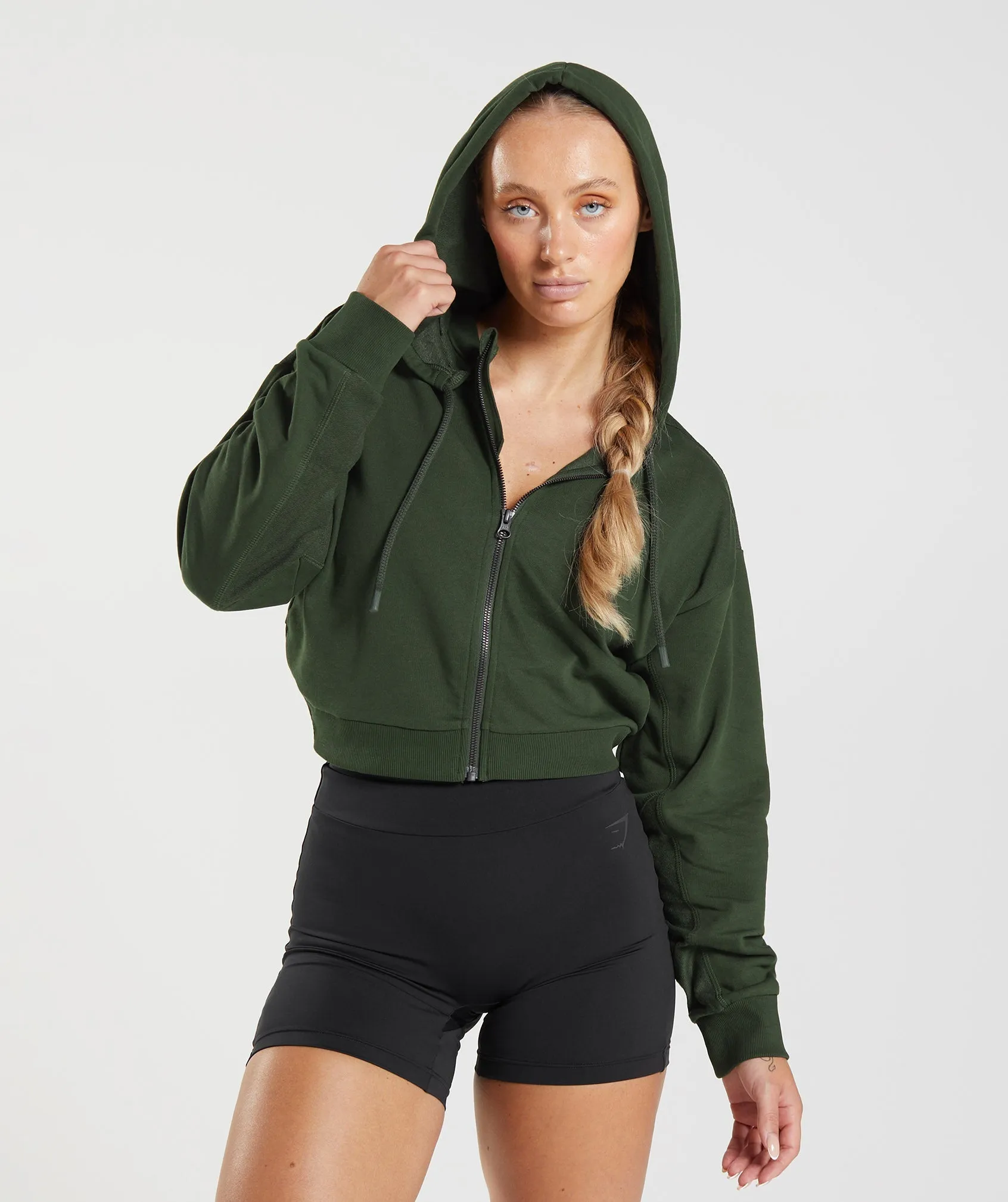 GS Power Cropped Zip Hoodie - Moss Olive