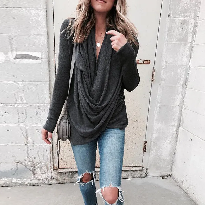 Irregular pile collar long sleeve t-shirt