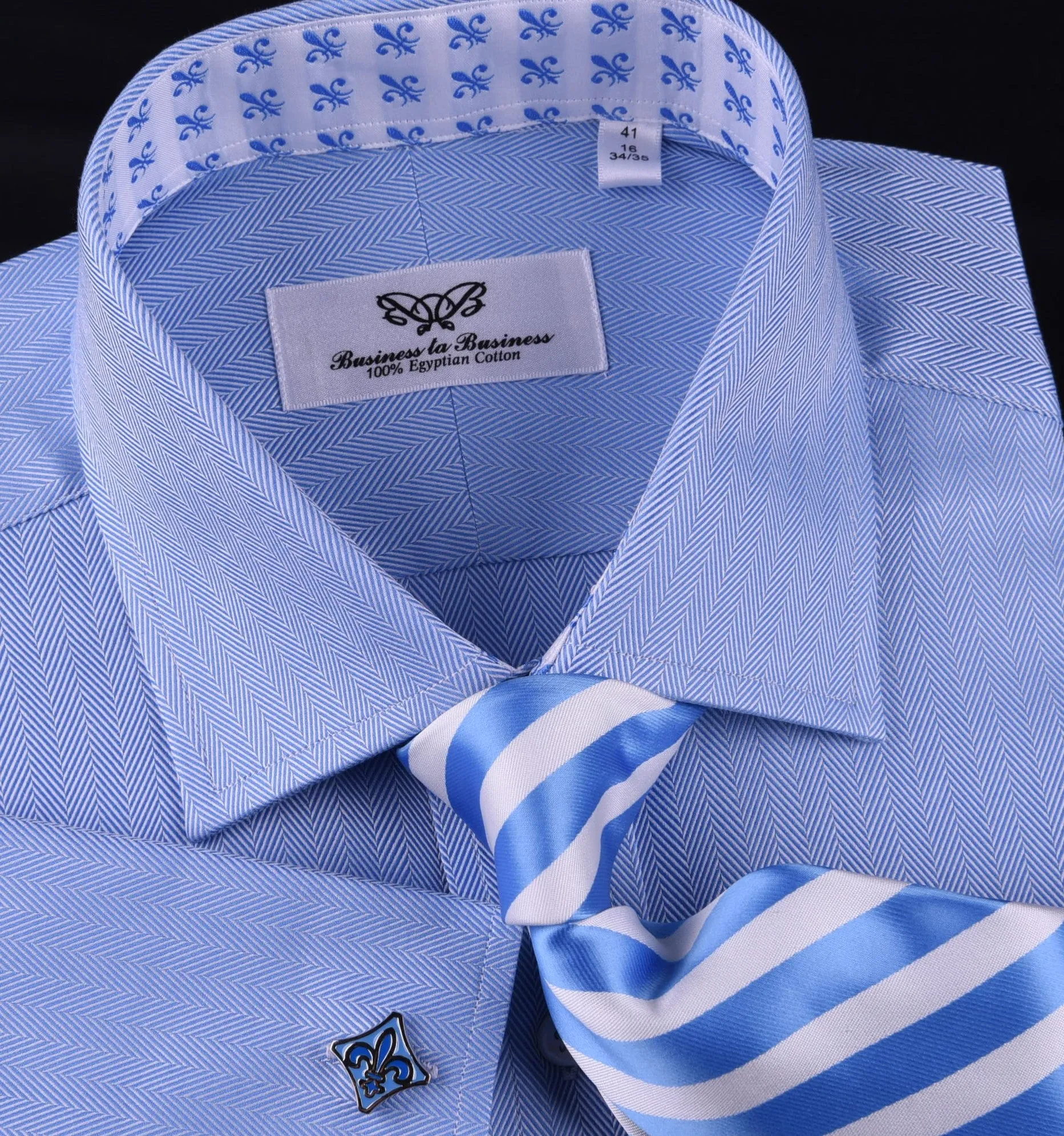 Light Blue Herringbone Formal Business Dress Shirt Stylish Luxury Fashion Apparel in Button Cuffs with Chest Pocket