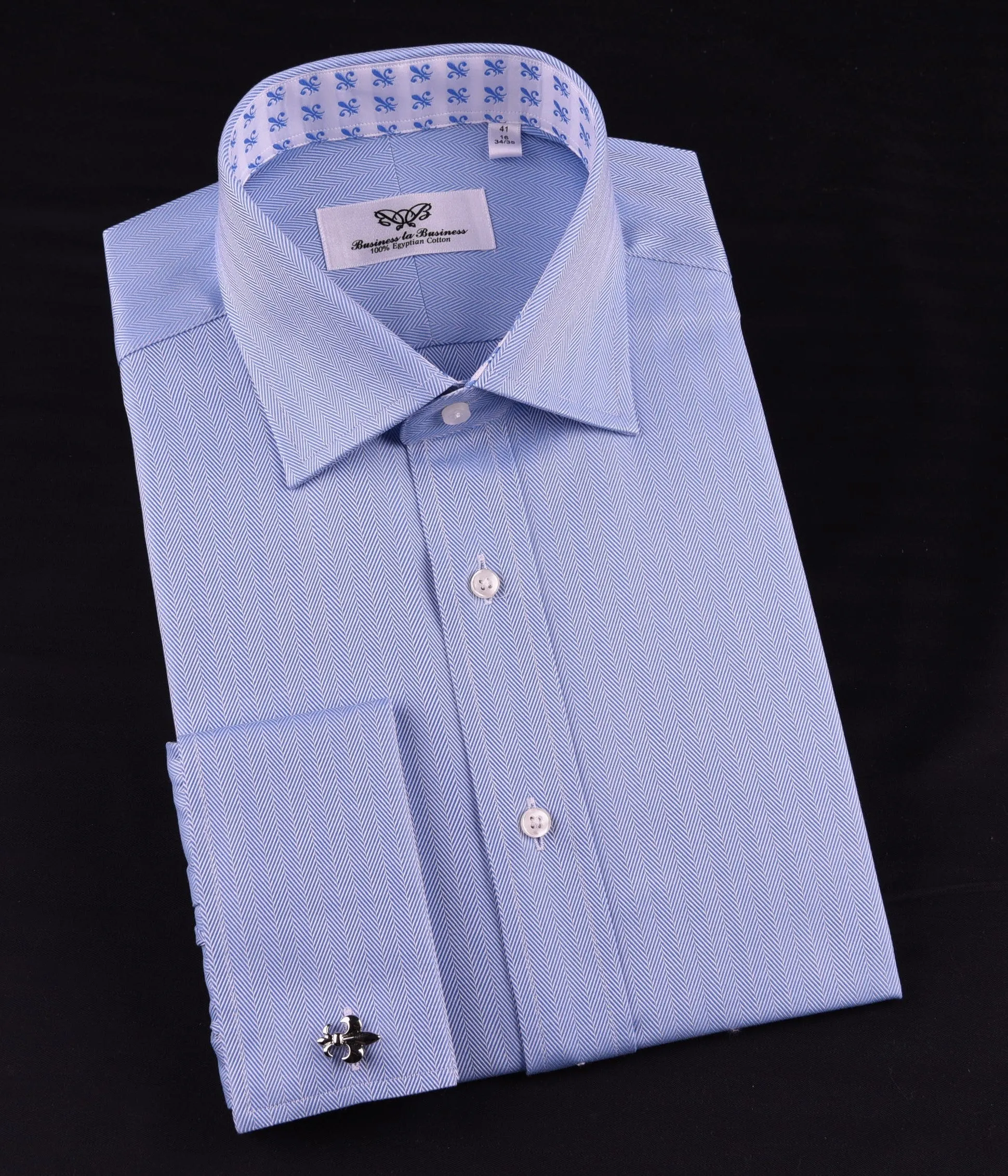 Light Blue Herringbone Formal Business Dress Shirt Stylish Luxury Fashion Apparel in Button Cuffs with Chest Pocket