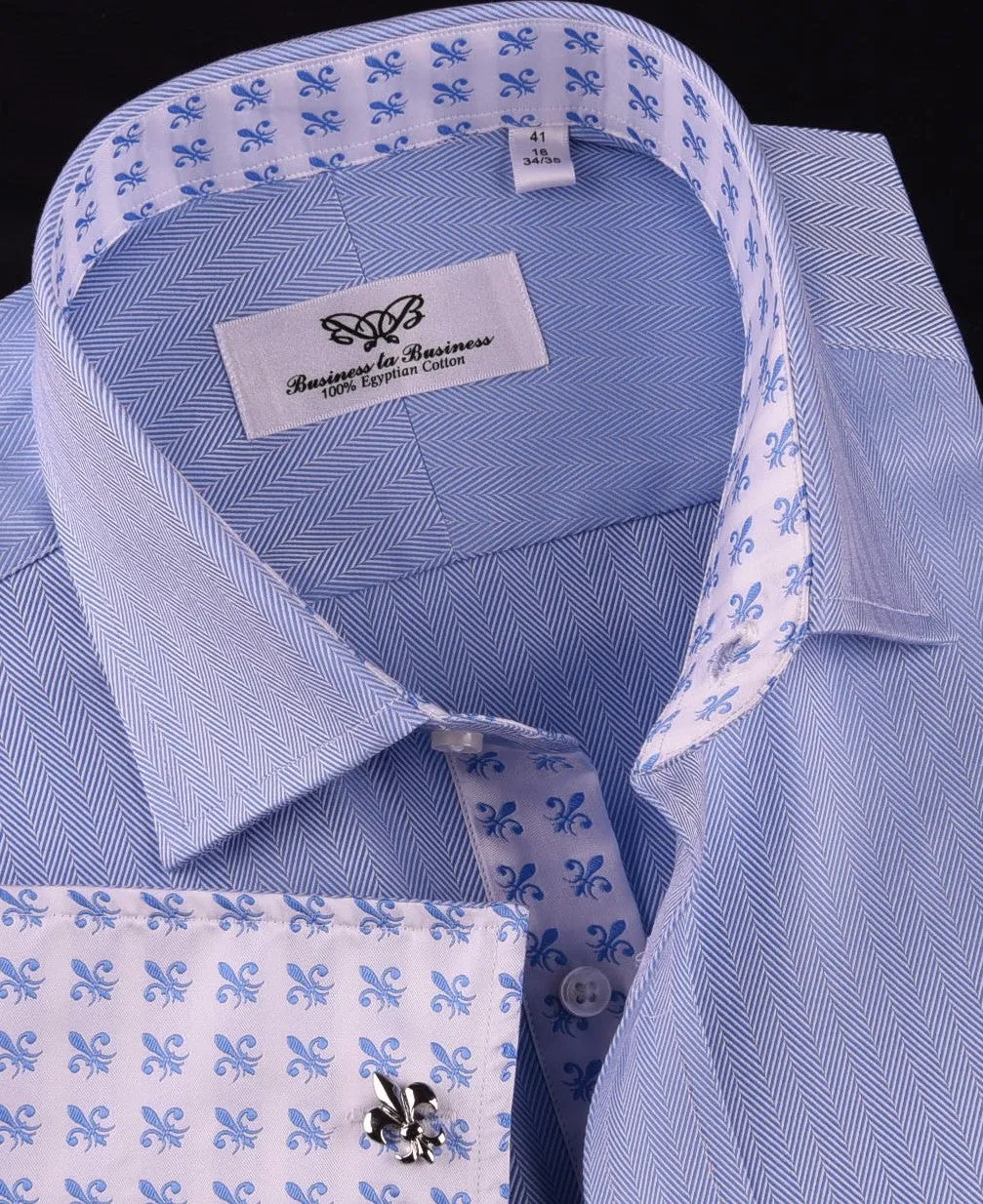 Light Blue Herringbone Formal Business Dress Shirt Stylish Luxury Fashion Apparel in Button Cuffs with Chest Pocket