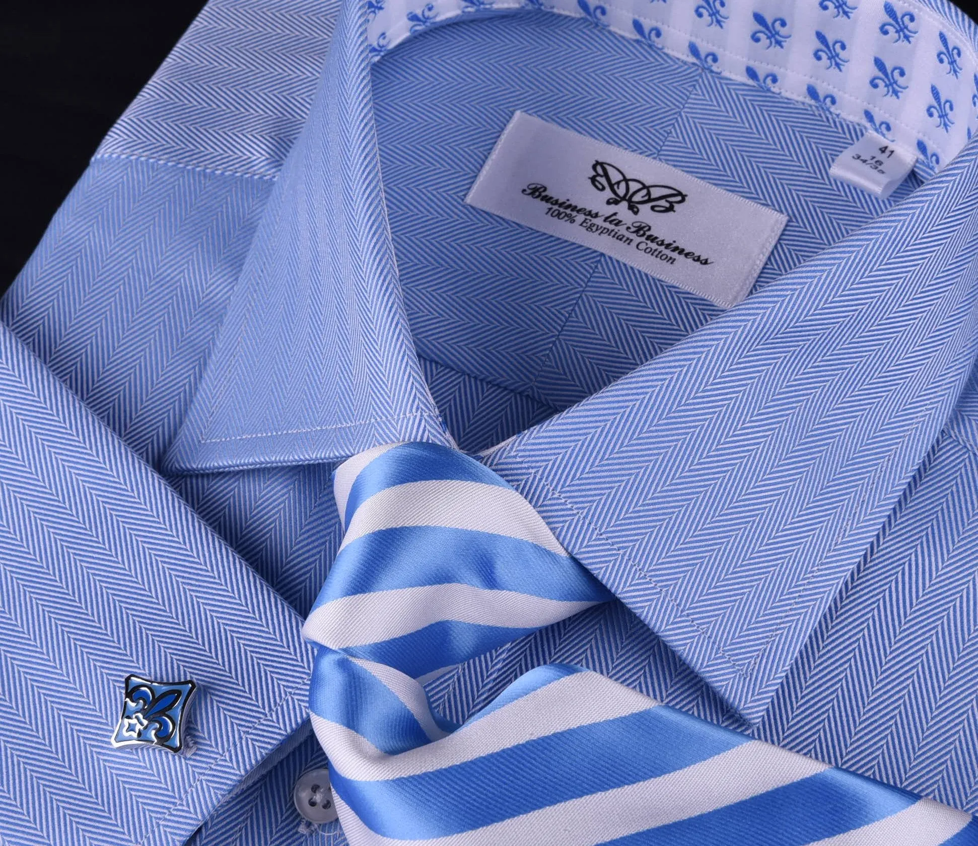 Light Blue Herringbone Formal Business Dress Shirt Stylish Luxury Fashion Apparel in Button Cuffs with Chest Pocket