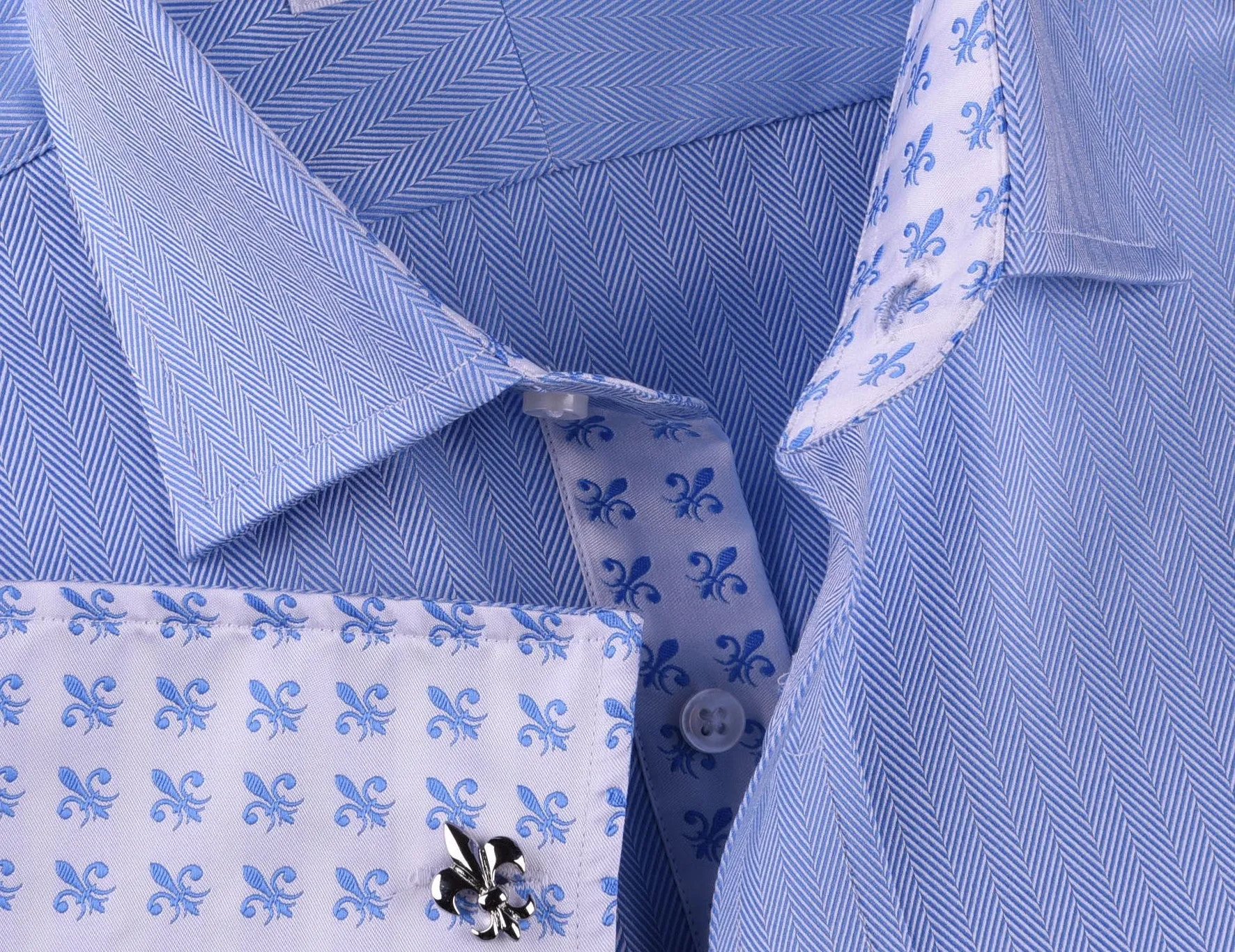 Light Blue Herringbone Formal Business Dress Shirt Stylish Luxury Fashion Apparel in Button Cuffs with Chest Pocket