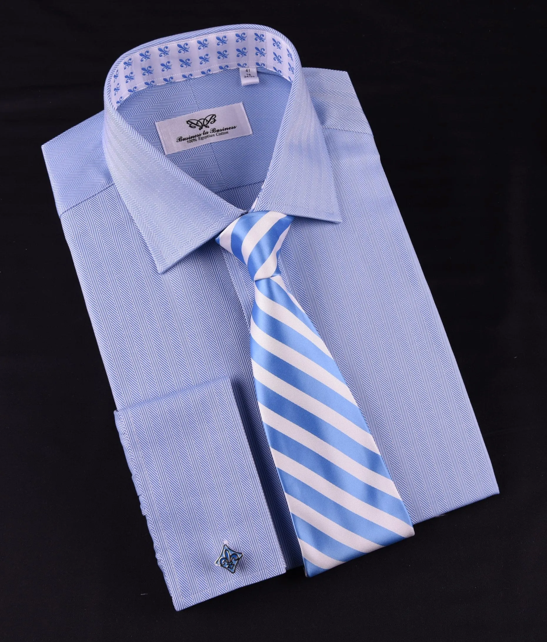 Light Blue Herringbone Formal Business Dress Shirt Stylish Luxury Fashion Apparel in Button Cuffs with Chest Pocket