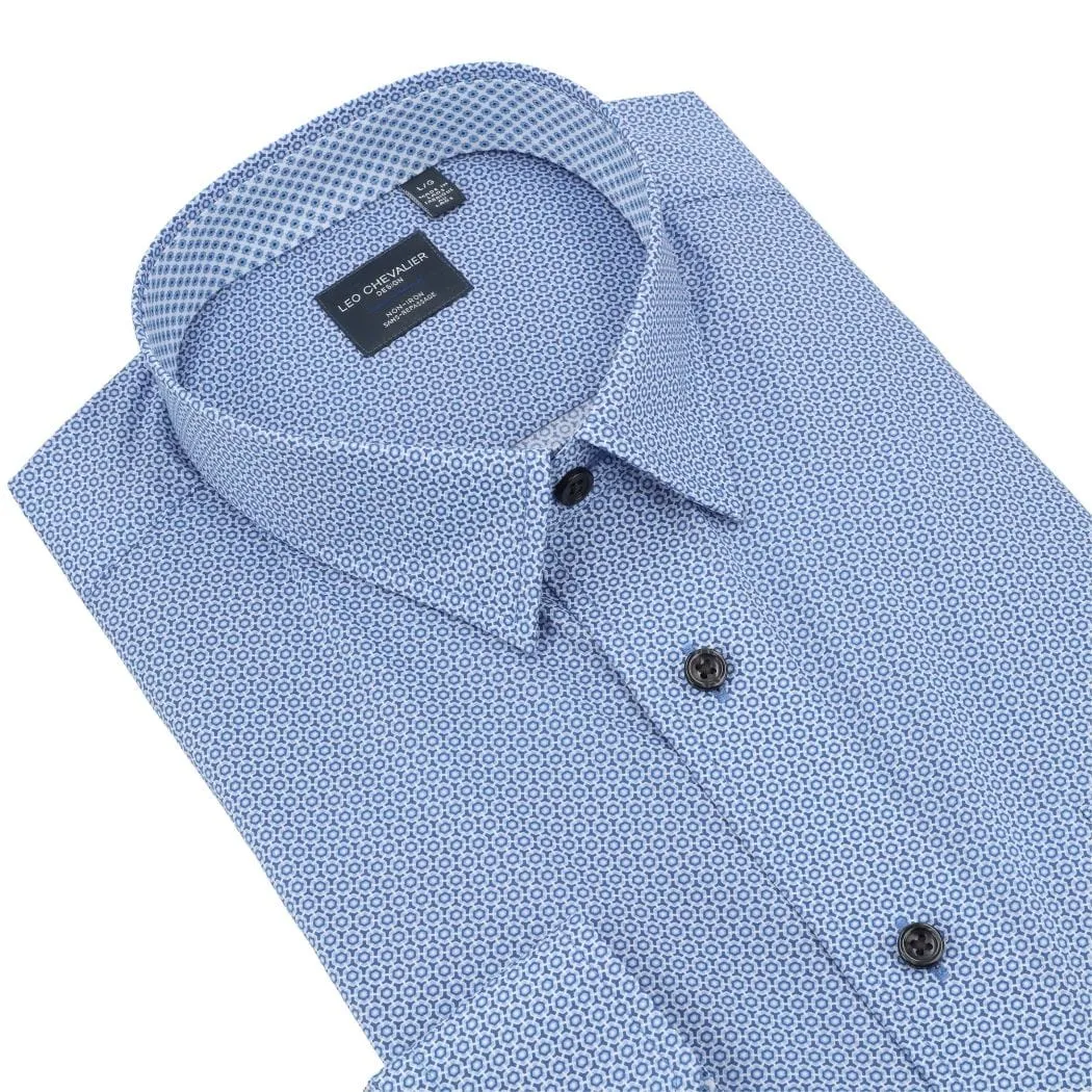 Light Blue Modern Print Men's Casual Hidden Button Down