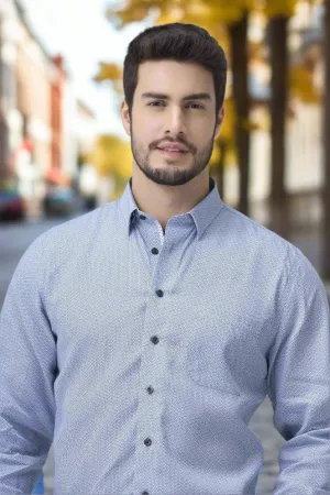 Light Blue Modern Print Men's Casual Hidden Button Down