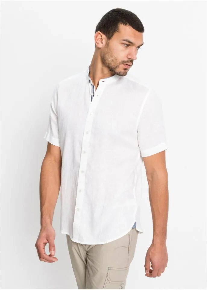 Linen shirt with short sleeves and stand collar Bpc Selection, white