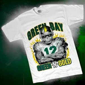 *<SC>* (WHITE) ~GREEN & GOLD~ (GREEN BAY PACKERS) HEAVY COTTON JUMBO PRINT TEES