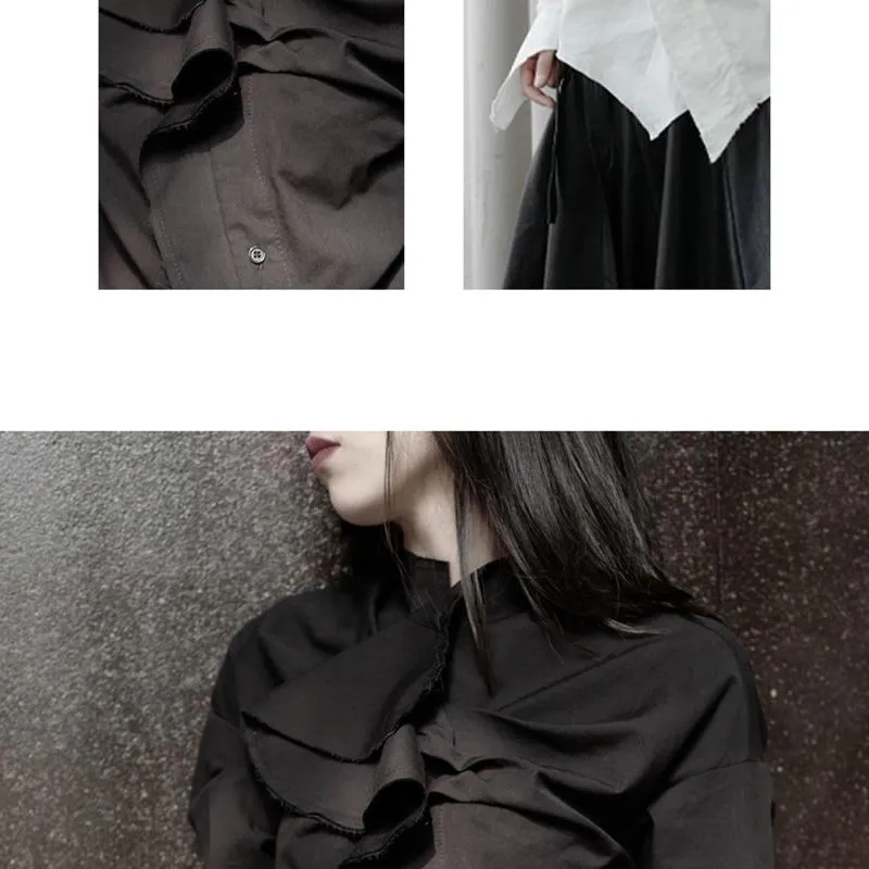 Minami Ruffle Long Sleeve Irregular Shirt - Black