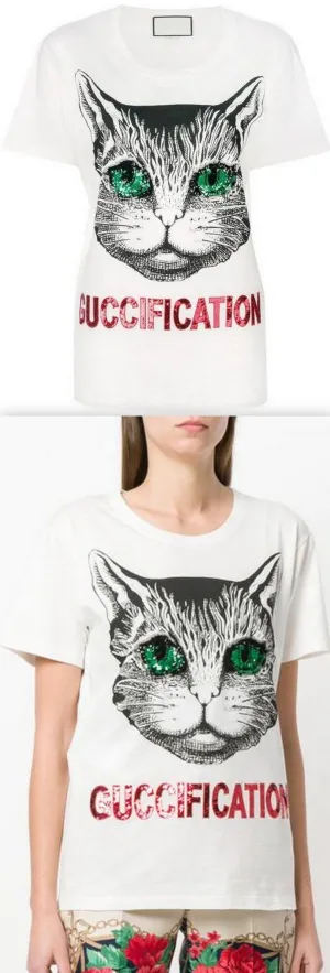 'Mystic Cat' Fication Printed Embellished Cotton T-Shirt