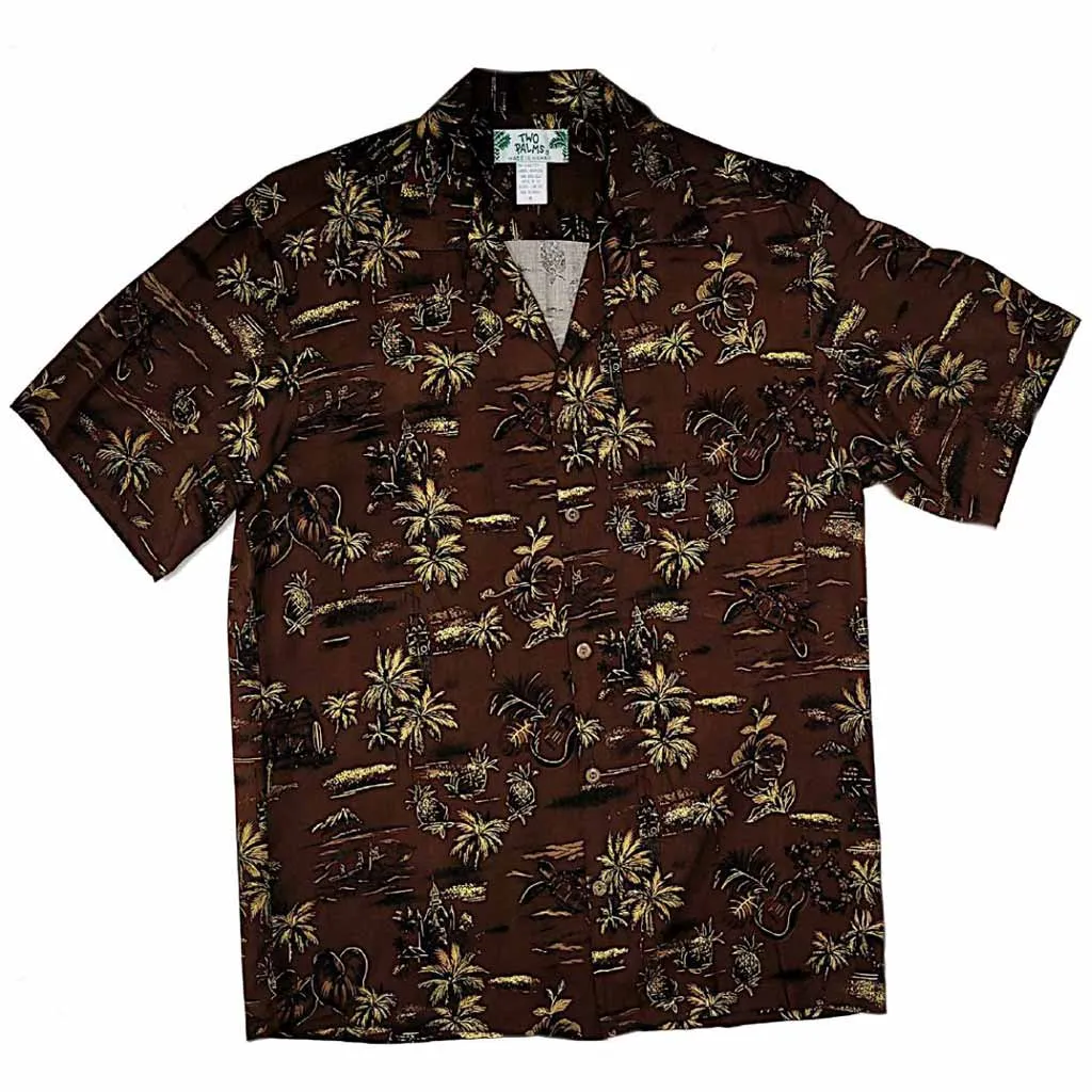 Old Hawaiian Retro Print with Pineapple and Palm Tree Shirt- Orange