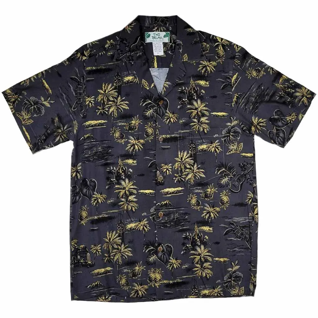 Old Hawaiian Retro Print with Pineapple and Palm Tree Shirt- Orange