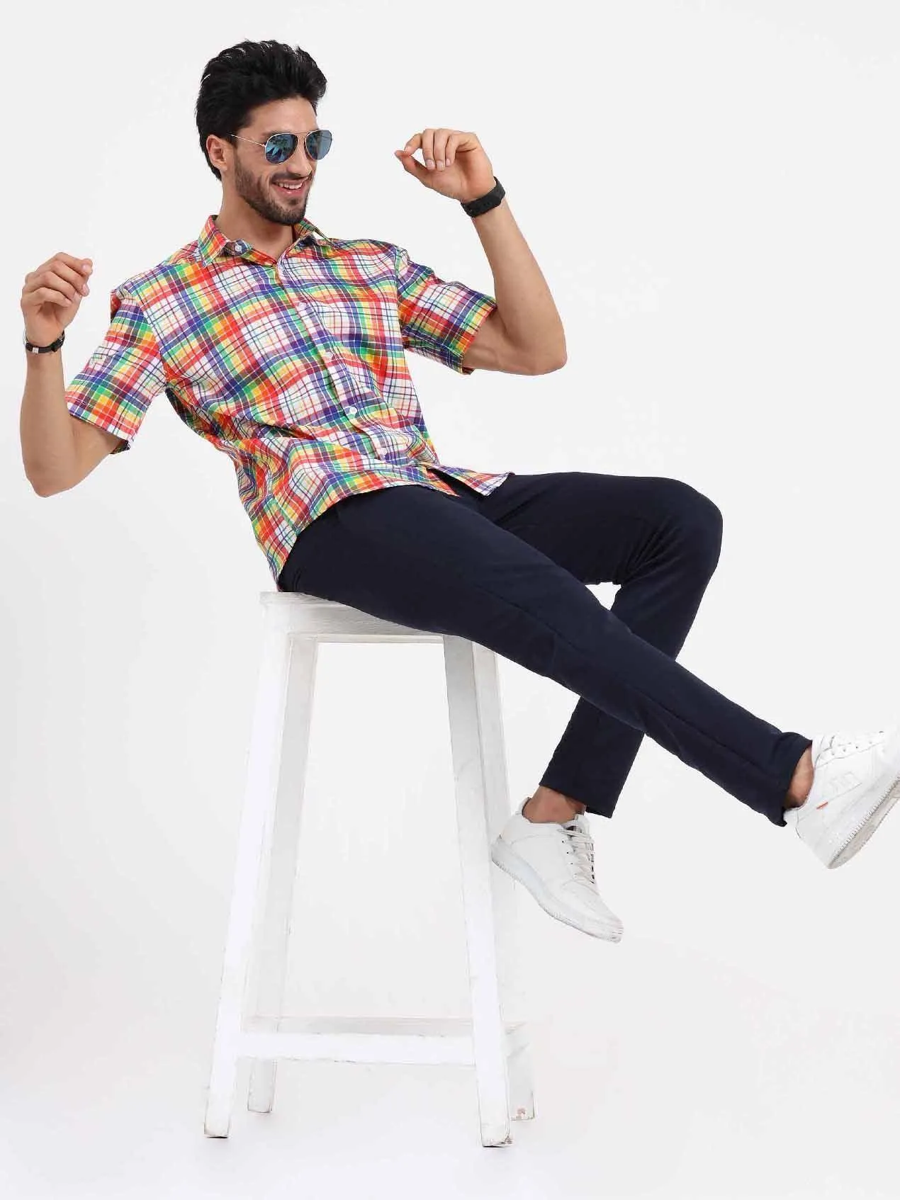 Orange Printed Checks Half Sleeve Shirt