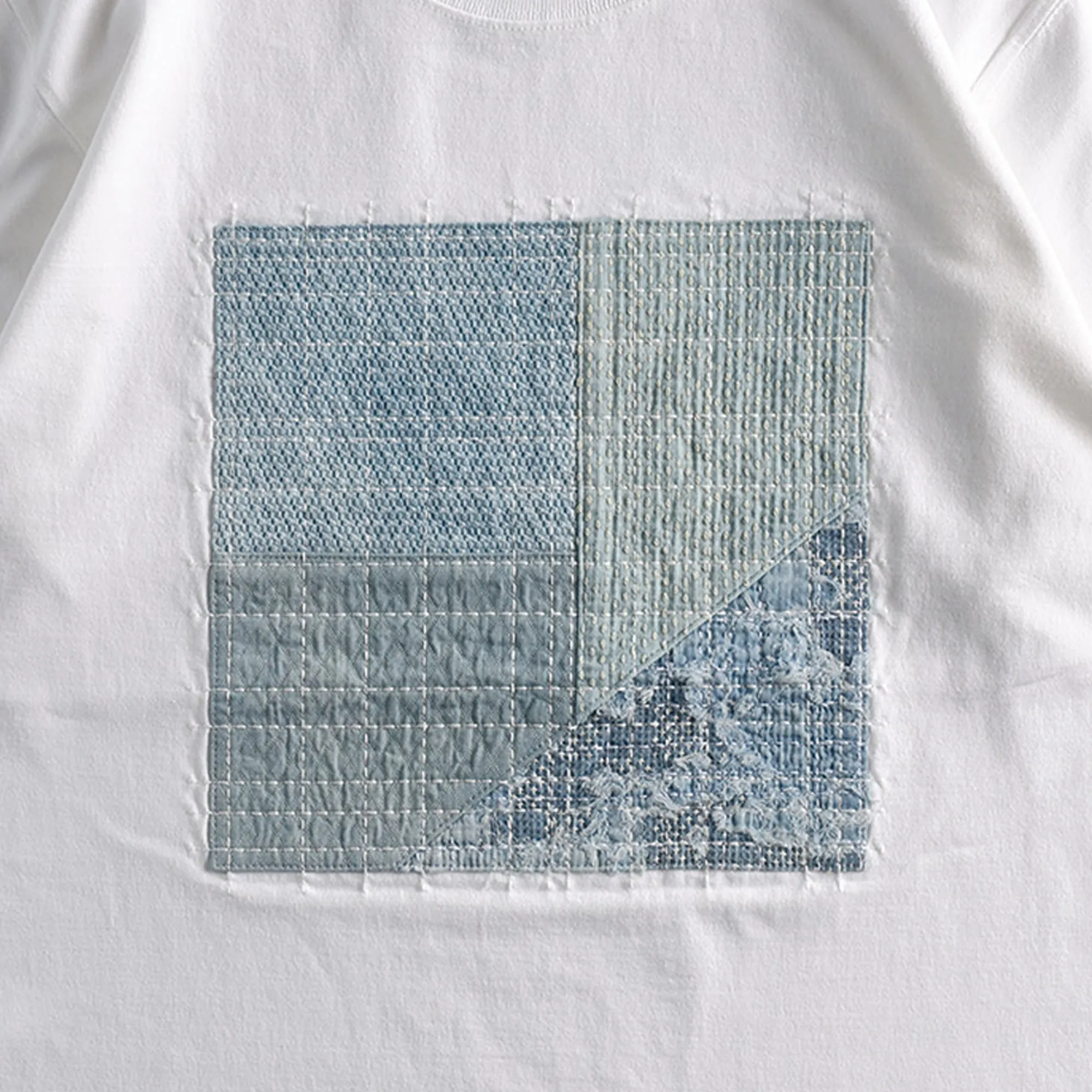 White/Blue Patchwork Design T-Shirt