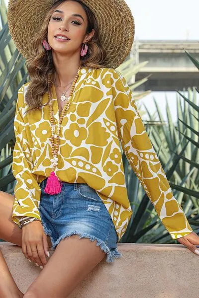 Printed Notched Long Sleeve Blouse