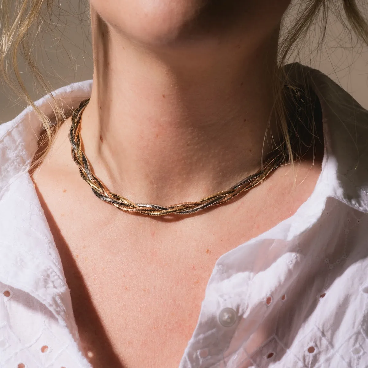 Solid Gold Mixed Metal Braided Mesh Necklace