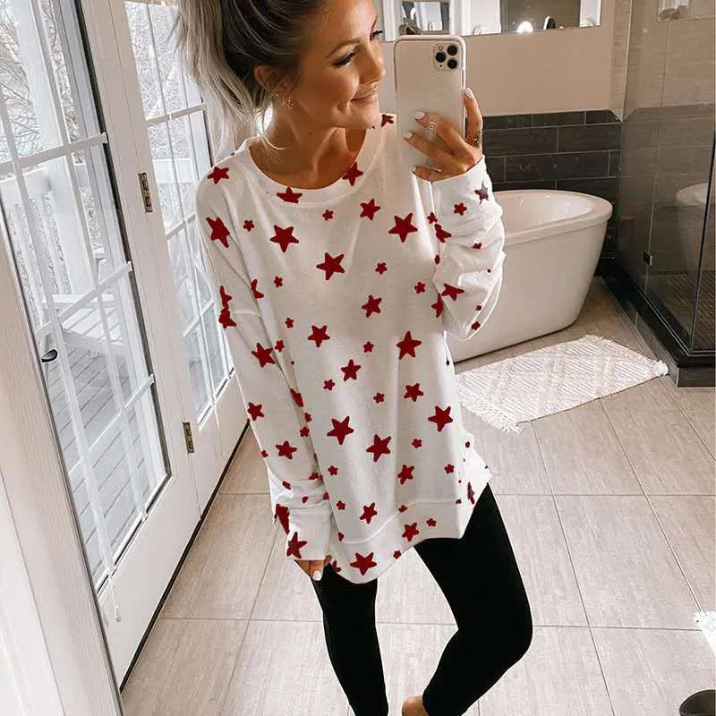 Star print loose plus size long sleeve T-shirt