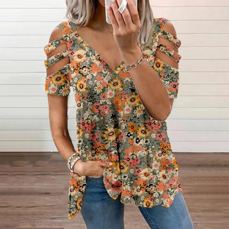 Stylish print t-shirt with cold shoulder