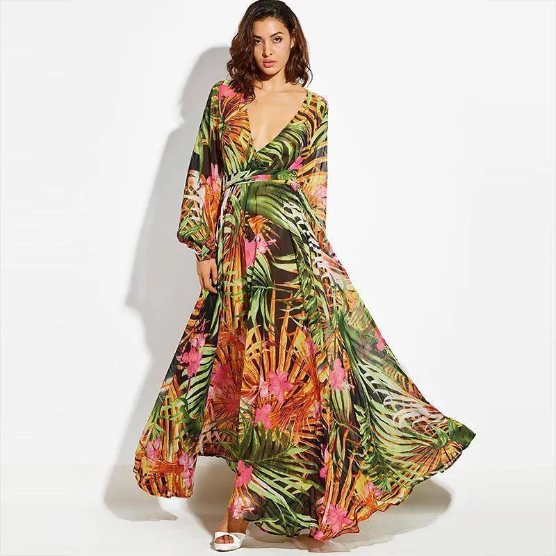 Tropical, Bohemian, Summer bahamas Chiffon Maxi Dress Robe (US 6 -16)