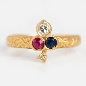 Vintage 18k Ruby Diamond and Sapphire Clover Ring Size 5