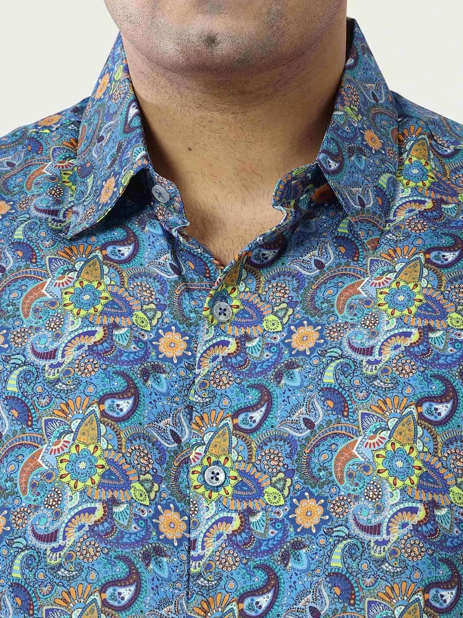 Vintage Paisley Printed Silk Half Shirt Men's Plus Size